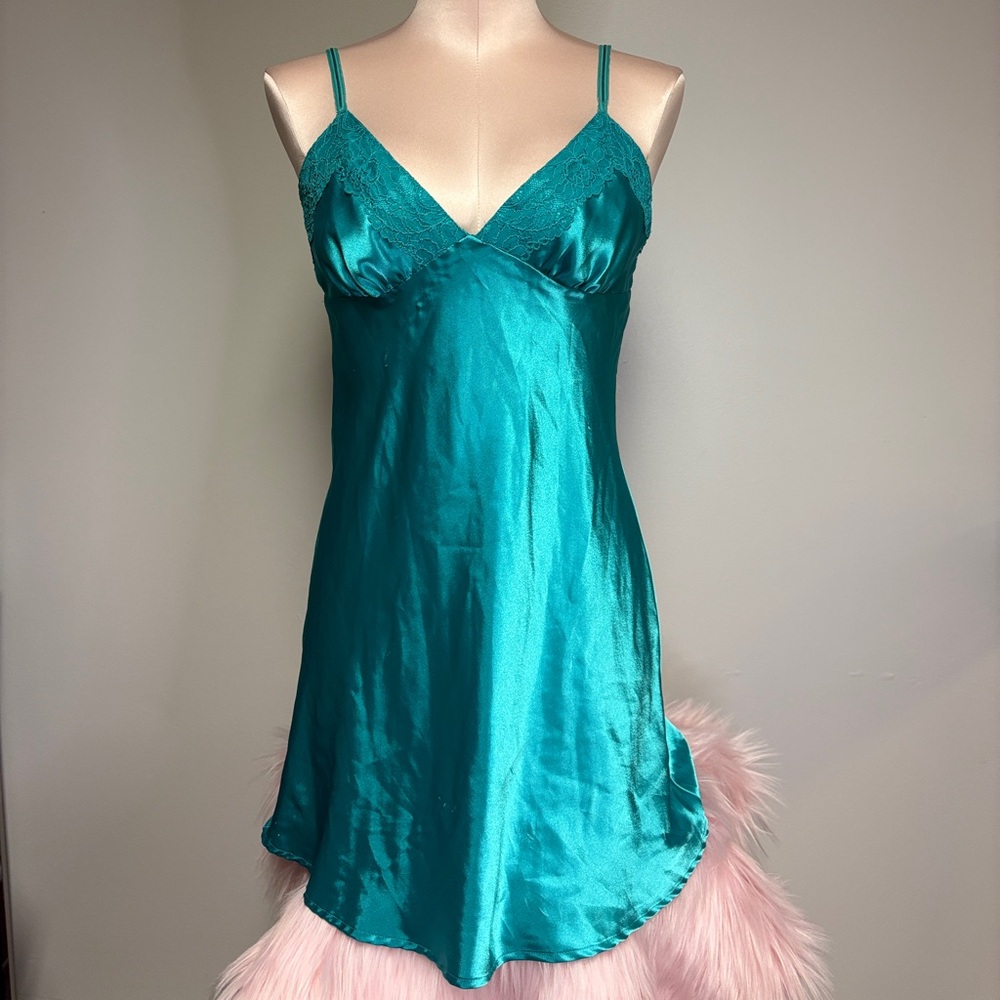 La SENZA Teal Satin Lace-Trim Slip Dress